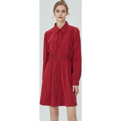 Shirt Sleeve Autamn Winter Button Design Short Red Plus Size Elegant Dresses For Woman 2021 Sophisticated Waist Dtess XS-L