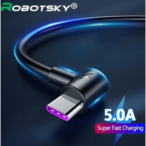 90 Degree Elbow Cable 5A USB Type C Fast Charging Wire For Samsung S20 S10 Huawei Xiaomi Mobile Phone USB C Quick Charger Cord