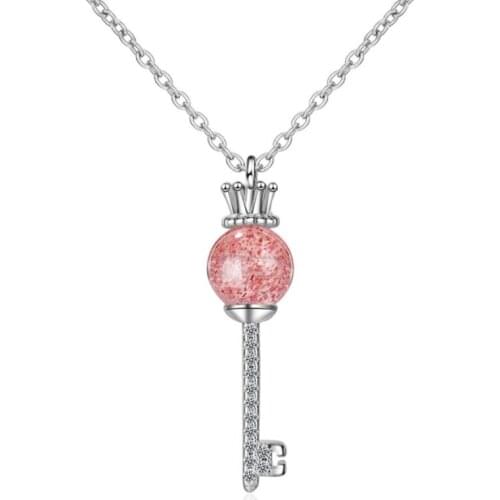 Romantic Crown Key Pink Stroke Peach Strawberry Crystal Pendant 925 Sterling Silver Clavicle Chain Female Necklace SNE353