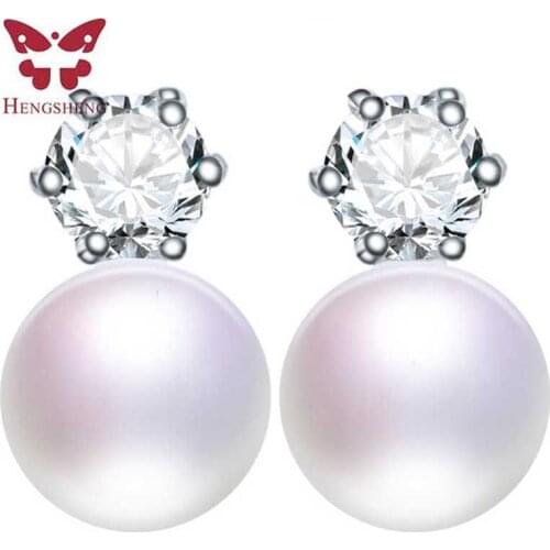 HENGSHENG 100% genuine freshwater white pearl earrings fashion jewelry silver stud earrings for women, AAAA 8-9mm bread pearl