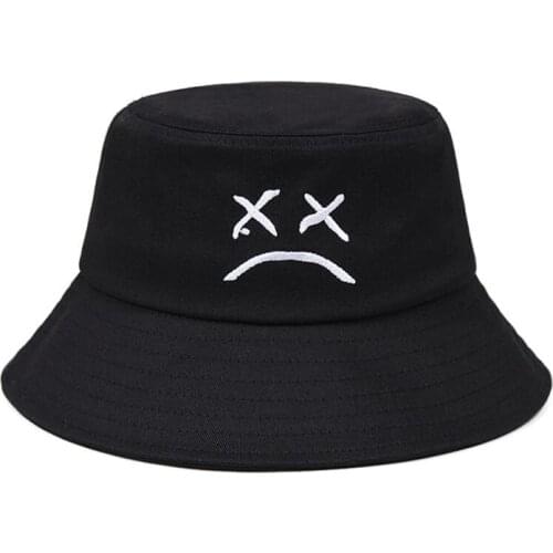 100%Cotton High Quality Embroidered Sad Face Fishermans Hat Sun Hats Shade Flat Top Fashion Bucket Hats Outdoor Fishing Cap