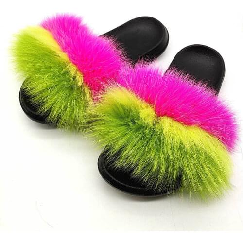 Really Fox Fur Slides Shoes for Women Summer Fashion Home Furry Sandals Indoor Flat Ladies Fox Hair Slippers Wholesale
