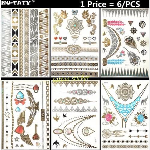 Nu-TATY 6PCS/lot Gold totem Temporary 3D Makeup Tattoos Henna Tatuagem Body Art Tatoo Flash Sticker Swimsuit Makeup Tool