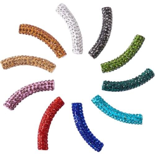 PANDAHALL 10pcs 45x9mm Mixed Color Tube Brass Curved Middle East Rhinestone Beads DIY Jewelry Accessories Findings Hole: 4mm