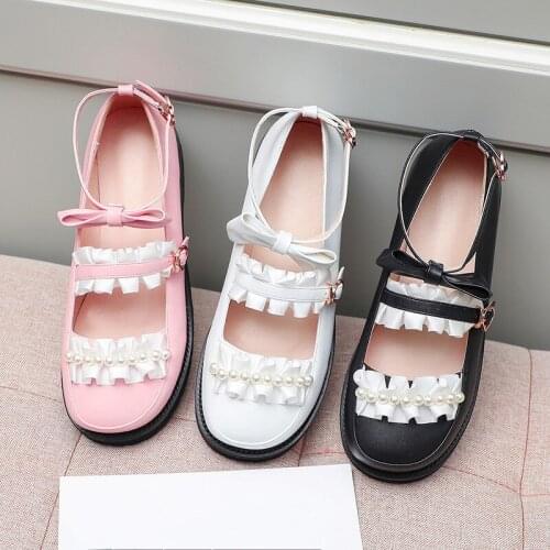 YQBTDL 2020 Fashion Princess String Bead Womans Shoes Ankle Strap Bow Ruffles Mary Jane Party Lolita Flat Shoes Cosplay Flats 43