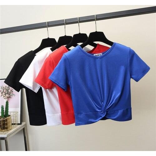 Girls Female Cotton Cross shape T-Shirt Short Sleeve Round Neck Summer Casual Solid T-Shirt High Waist Slim T-shirts for women