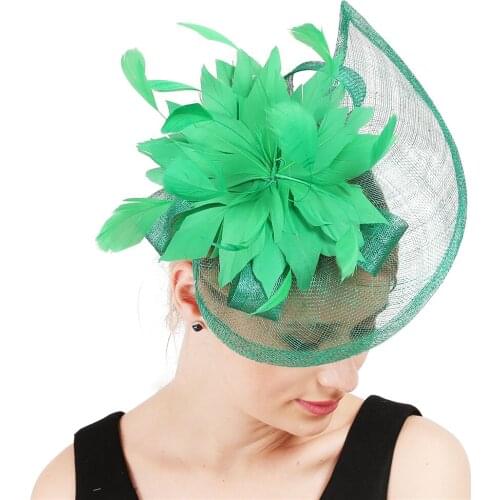 Women Green Sinamay Fascinator Hats With Beautiful Feather Flower Red Black Female Kentucky Derby Church Wedding Party Headbands