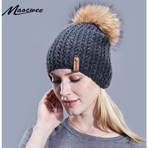 Women Winter Hat Wool Knitted Beanies Cap Real Natural Raccoon Fur Pompom Hats Solid Colors Gorros Cap Female Warm Gold Wire Hat