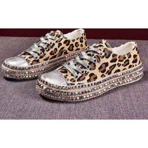 Leopard Print Big Size 43 Canvas Shoes for Women Sneakers Lace Up Fashion Breathable Black Sneakers Women Casual Platform Shoes
