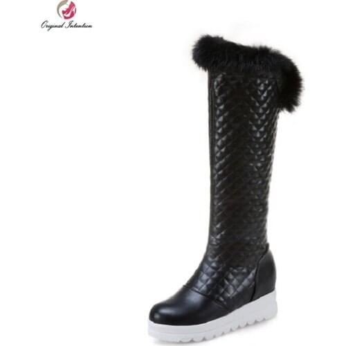 Original Intention Fashion Winter Women Snow Boots Warm Faux Fur Flat Heel Knee High Boots Shoes Woman New Black White Pink 3-12