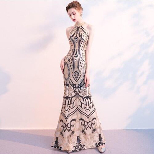 Beauty Emily Evening Dress 2019 Mermaid Gold Bling Sequins O-neck Contrast Color Skinny Evening Gowns for Women robe de soiree