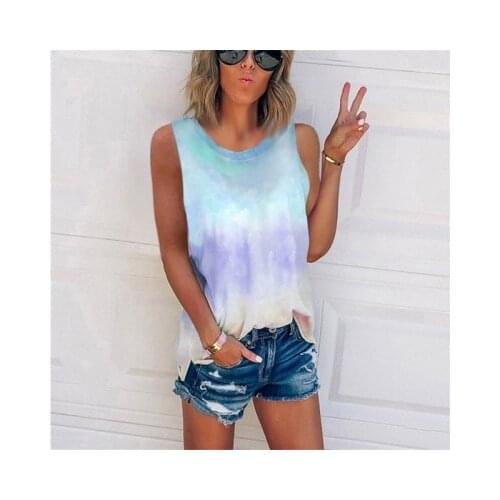 Summer New Womens Sleeveless Tie Dye Gradient Printing Vest Casual Loose T-Shirt Womens Vest Top