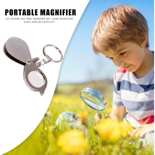 15X Magnifier Metallic Silver Foldable Portable Mini Exquisite Durable Keychain Glass Loupe Pocket Tool Gift Supplies