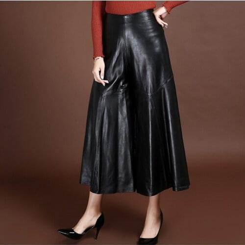 2020 Quality Luxury Women Ankle-Length Trousers Genuine Leather High Waist Wide Leg Pants Loose Streetwear Pantalones Mujer