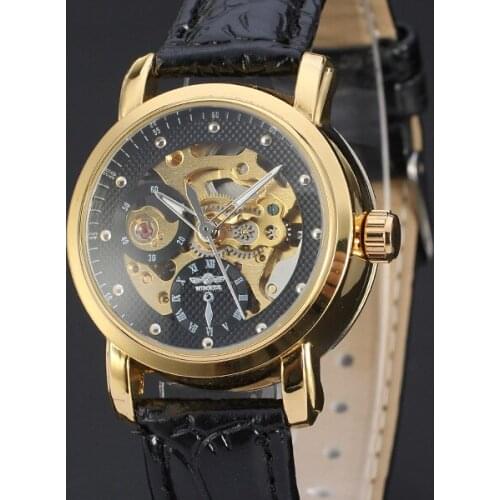 50pcs/lot winner-D115 hollow out winner watch good quality mechanical leather watch wrap casual watch charming watch for men