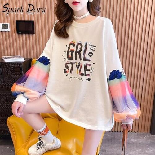 Free Shipping Hoodies Women Fashion Outwear Round Neck Contrast Printing Lantern Sleeve Spring/autumn Casual Oversized Hoodie
