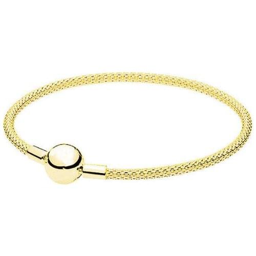 Original 925 Sterling Silver Gold Color Snake Chain Basic Ball Clasp Mesh pan Bracelet Fit Women Bead Charm Diy Jewelry