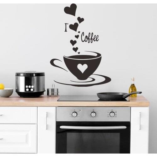 Black Coffee Cup With Heart Quote Wall Stickers Restaurant Kitchen Decor Removable Home Decal Wall Mural Poster Rome Decorations