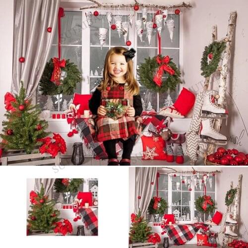 Photography Background Christmas Photo Backdrop Window Xmas Tree Decor Photocall Background Children Photo Studio Background