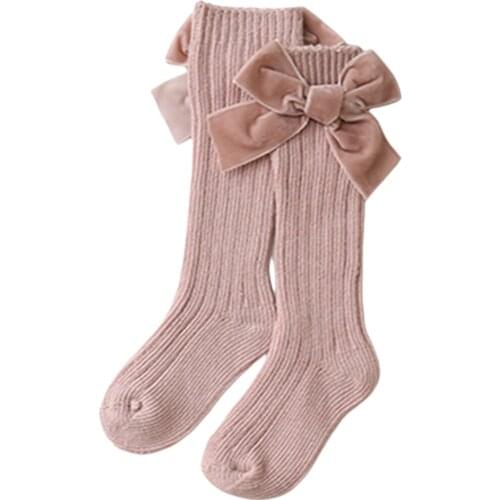 2021 New Baby Girl Knee High Stockings Kids Winter Warm Rib Knitted Stockings with Velvet Bow for Infants Toddlers 1-3T