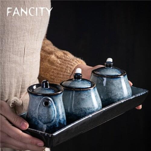 FANCITY Japanese-style ceramic seasoning pot household creative kitchen oil, salt, sugar, monosodium glutamate condiment box