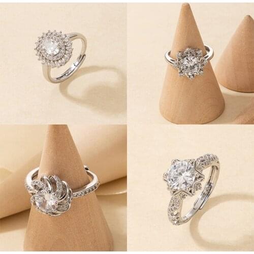 Docona Luxury Rhinestone Adjustable Rings for Women Charm Geometric Hollow Crystal Ring Ladies Wedding Jewelry Wholesale Anillo