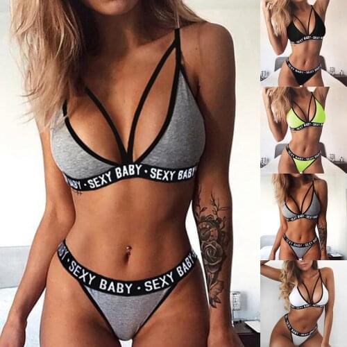 Sports Underwear Set Sexy Bandage Corset Push Up Bra G-string Panties Thongs Letters Print Women Fashion Bikini Sets