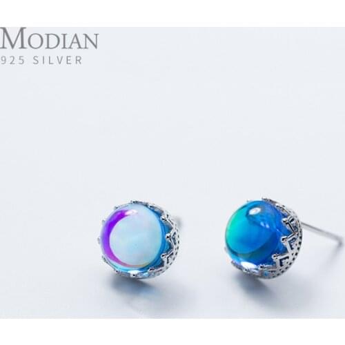 Modian Luxury Charm Blue Opal Crown Stud Earrings Fashion Elegant 925 Sterling Silver Crystal Jewelry For Women S925 Female Gift