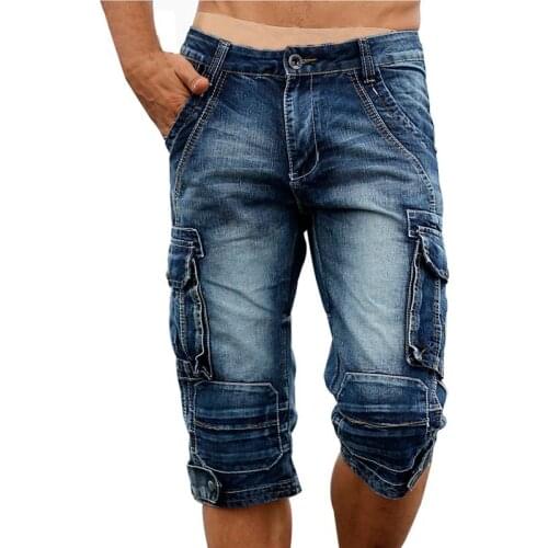 Casual Mens Cargo Denim Shorts Retro Vintage Washed Slim Fit Jean Shorts Mulit-Pockets Military Biker Shorts for Men