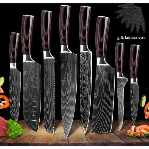 Stainless Steel Chef Knife Set with Knife Cover Case Sheath 8 Pcs Cleaver Slicing Damascus Veins Survive Kitchen Knives Set