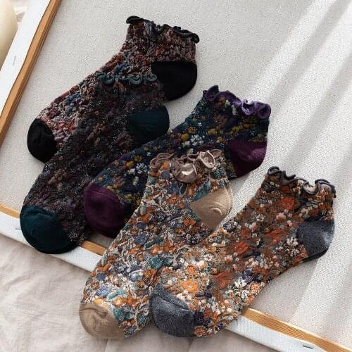 Ruffle Socks Korean Style Harajuku Retro Floral Embroidery Short Socks Women Fashion Summer Japan Style Kawaii Cute Ankle Socks