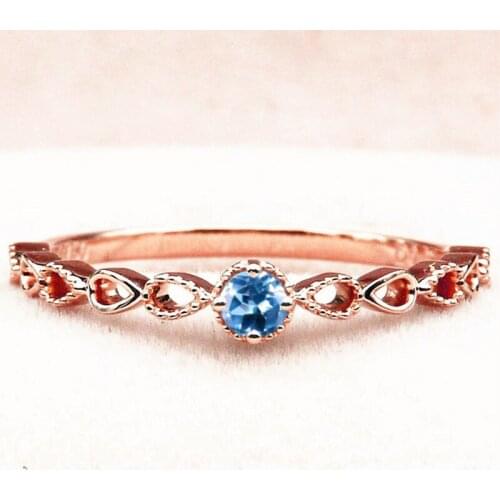 Solid 14k Rose Gold Natural Sky Blue Topaz Round Engagement Ring Wedding Band Art Nouveau Trendy Fine Jewelry Pear Shape Shank