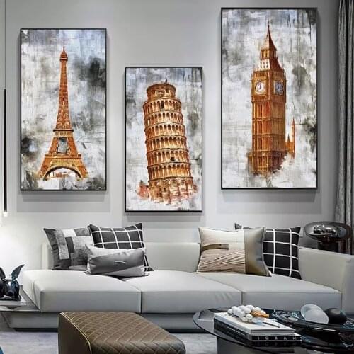 World City Landscape Paris Eiffel Tower London New York hand-painted Poster Nordic Style Wall Art Picture Home Decor Canvas