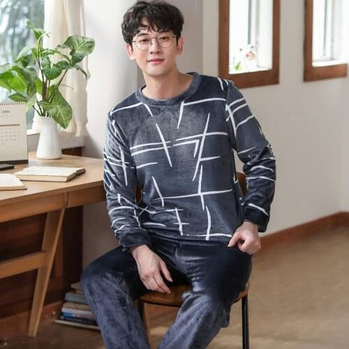 Mens Soft Flannel Pajamas Set Autumn and Winter Male Warm Thicken Pyjamas Long Sleeve Sleepwear Men Lounge Pijama Homewear
