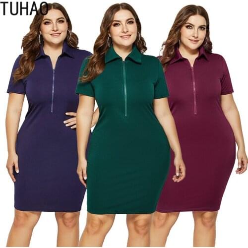 TUHAO 2020 Summer Dresses for Mother Office Lady Large Size 5XL 4XL 3XL Womens Solid Color Lapel Short Sleeve Dress Party WM02