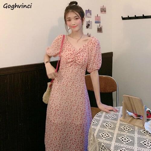 Short Sleeve Dress A-line V-neck Floral Mid-calf Puff Sleeve Slim Pleated Ins Womens Sweet Korean Style Elegant Stylish Soft New