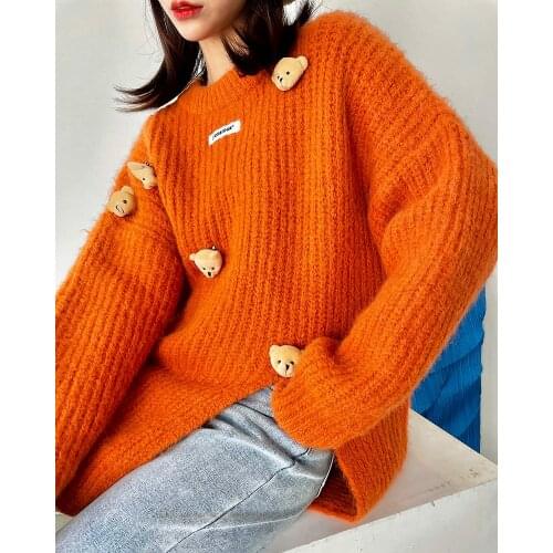 2021 Autumn Winter Women Sweater Korean Fashion Doll Applique Knitted Pullover Tops Causal Long Sleeve O-neck Pull Femme SL156