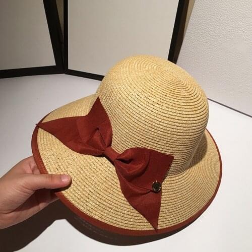 New Summer Bow Sun Hats Ladies Solid Plain Elegant Wide Brim Hat Female Round Top Panama Floppy Straw Beach Hat Women