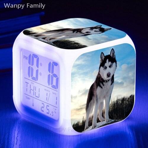 Cute Pet Dog Alarm Clock 7 Color Glowing LED Digital Alarm Clock Kids Birthday Gift Multifunction Luminous Watches Clock