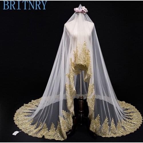 New Arrival Appliques Wedding Veil Gold Lace Edge Long Veil Wedding Accessories White Ivory Light Champagne Tulle Bridal Veil