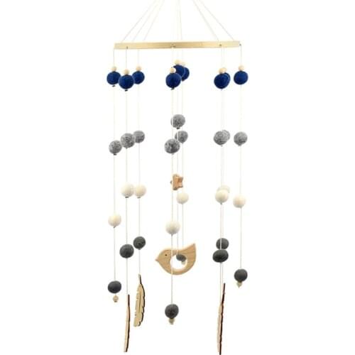 T5EC Baby Wool Balls Bed Bell Crib Mobile Rattle Toy Wooden Trojan Horse Clouds Birds Pendants Wind Chime Kids Room Decor