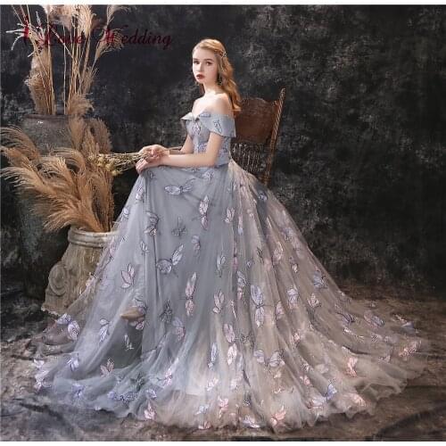 Evening Dresses Floor Lenght A Line Mesh Tulle Off the Shoulder Dragonfly Embroidery Layers Grey Party Gowns Dress