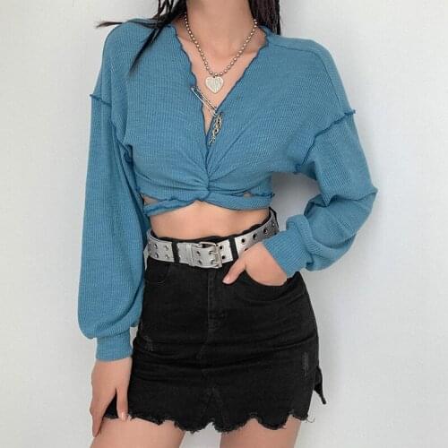 Women Casual Long Sleeve Top Shirt Sexy V Neck Cropped Cardigan Autumn Lace Up Basic Casual Short Tops Shirts Blue Black New