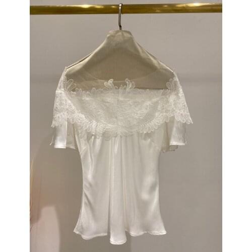 Silk lace neck women blouse short sleeve summer black white female shirt 200408031