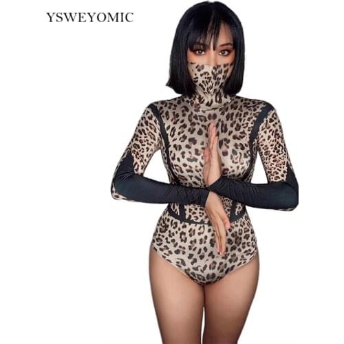 20201 New Leopard Pattern Spandex Long Sleeve Bodysuit Bar Club Cosplay Prom Women Dancer Show Wear Birthday Festival Outfit