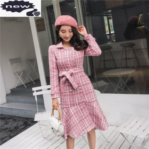 Elegant Mermaid Womens Pink Plaid Tweed Autumn Winter Long Sleeve Double Breasted Belt Waist Medium Length Trench Coats