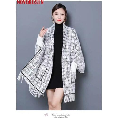 SC397 2019 Lady Knitted Plaid Cardigans Thick Poncho Houndstooth Autumn Winter Shawl Casual Wrap Open Stitch Cloak With Pocket