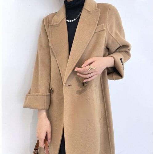 Womens Big Notch Lapel Double Breasted Mid-Long Wool Blend Coat with Belt 2021 Female Casual Loose Outerwear