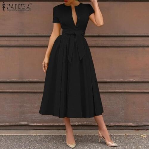 ZANZEA Women Summer Short Sleeve Evening Dress Casual Elegant Sundress Belted Robe Femme Fashion Solid Party A-Line Midi Vestido
