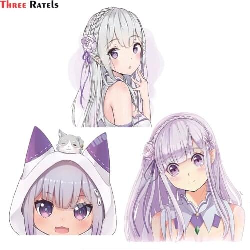 Three Ratels B411 Cartoon Car Sticker For Emilia Re Zero Peeker Big Head Anime Vinyl JDM Window Trunk Laptop Wall Decal Car